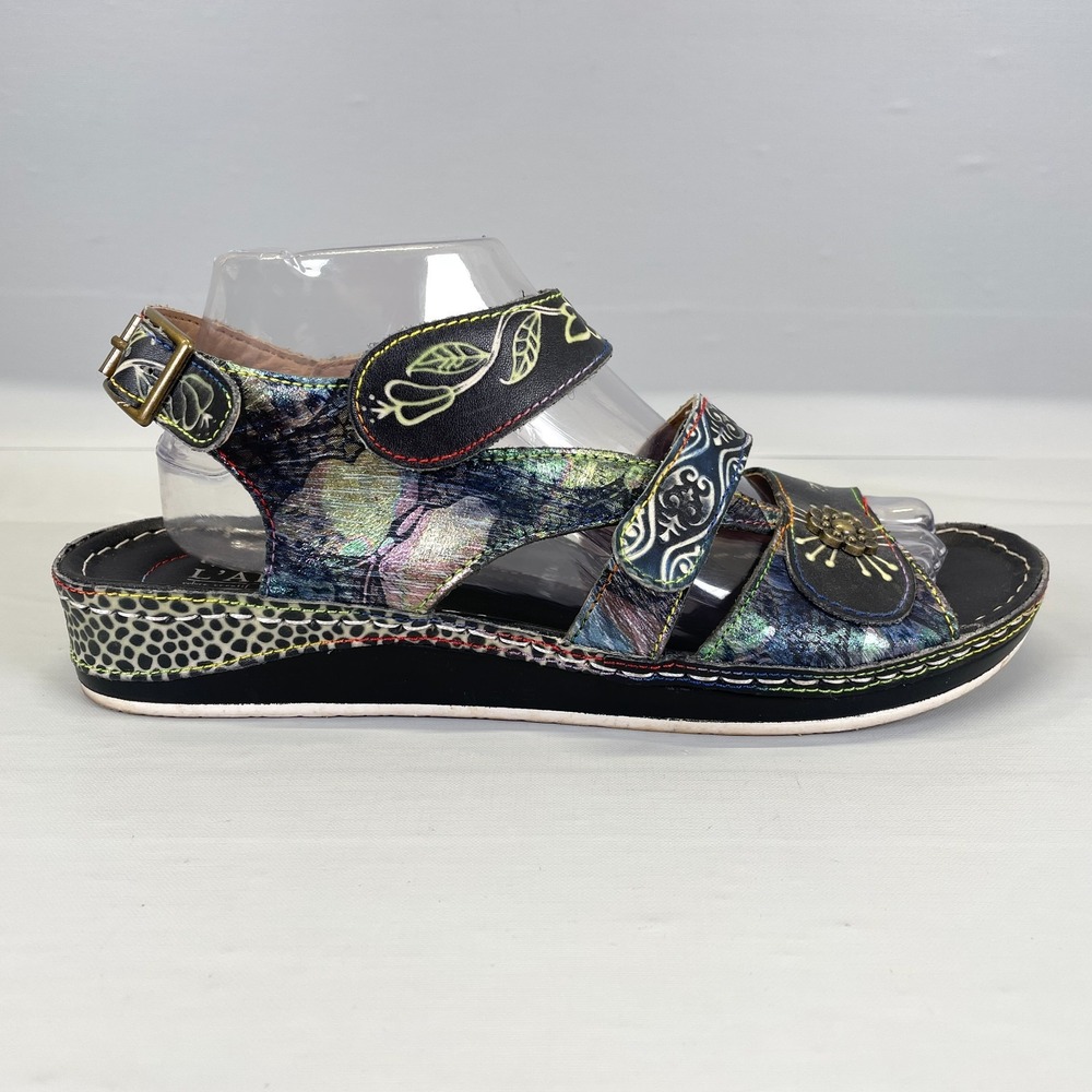 L'Artiste Spring Step Sumacah Sandals Womens Size 41 US 9.5 Black Leather Floral